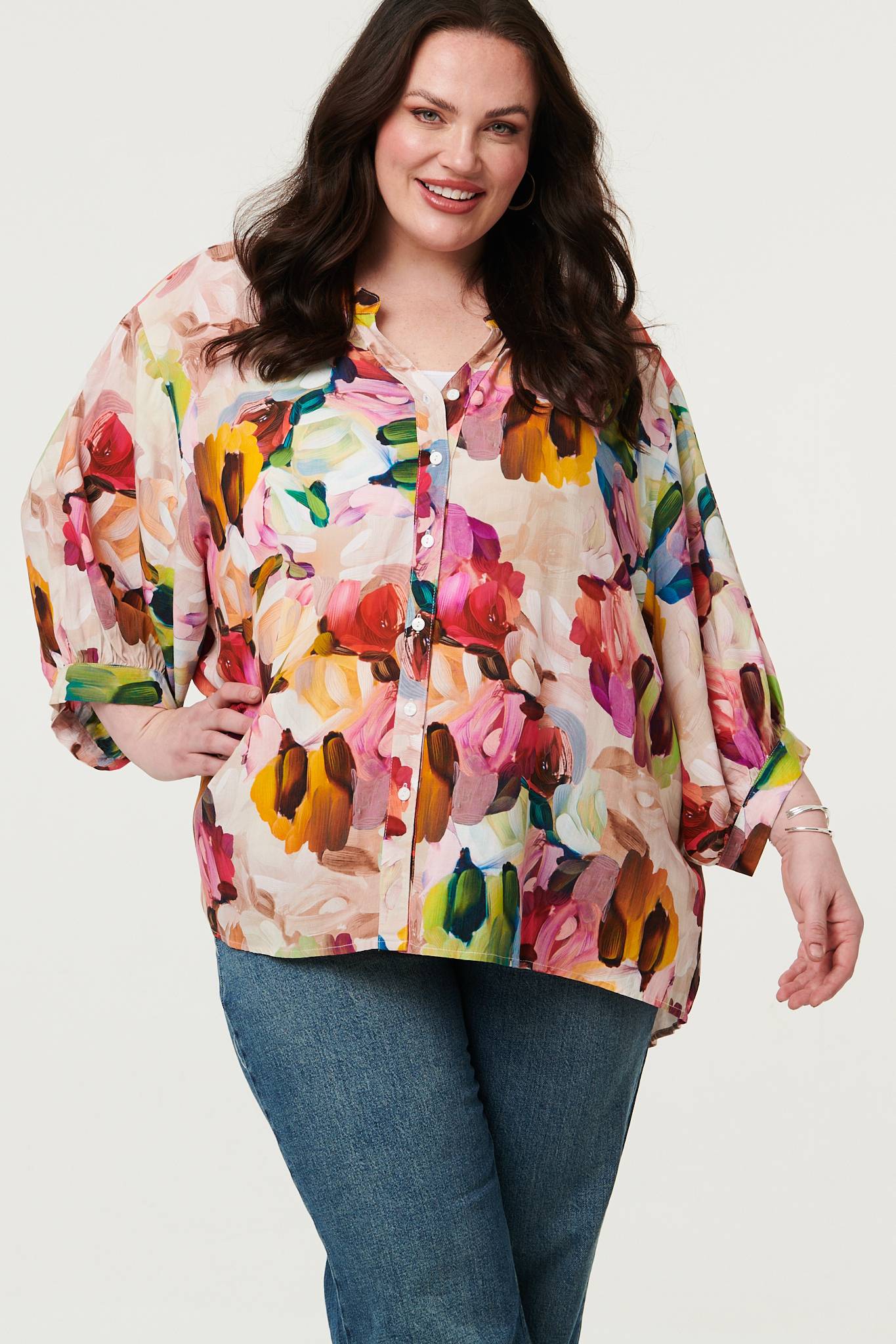 Curve Brushstroke Print 3/4 Sleeve Shirt
