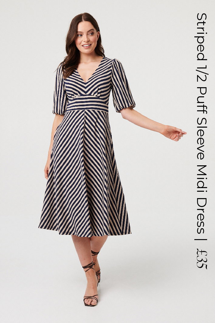 Striped 1/2 Puff Sleeve Midi Dress | Shop Now