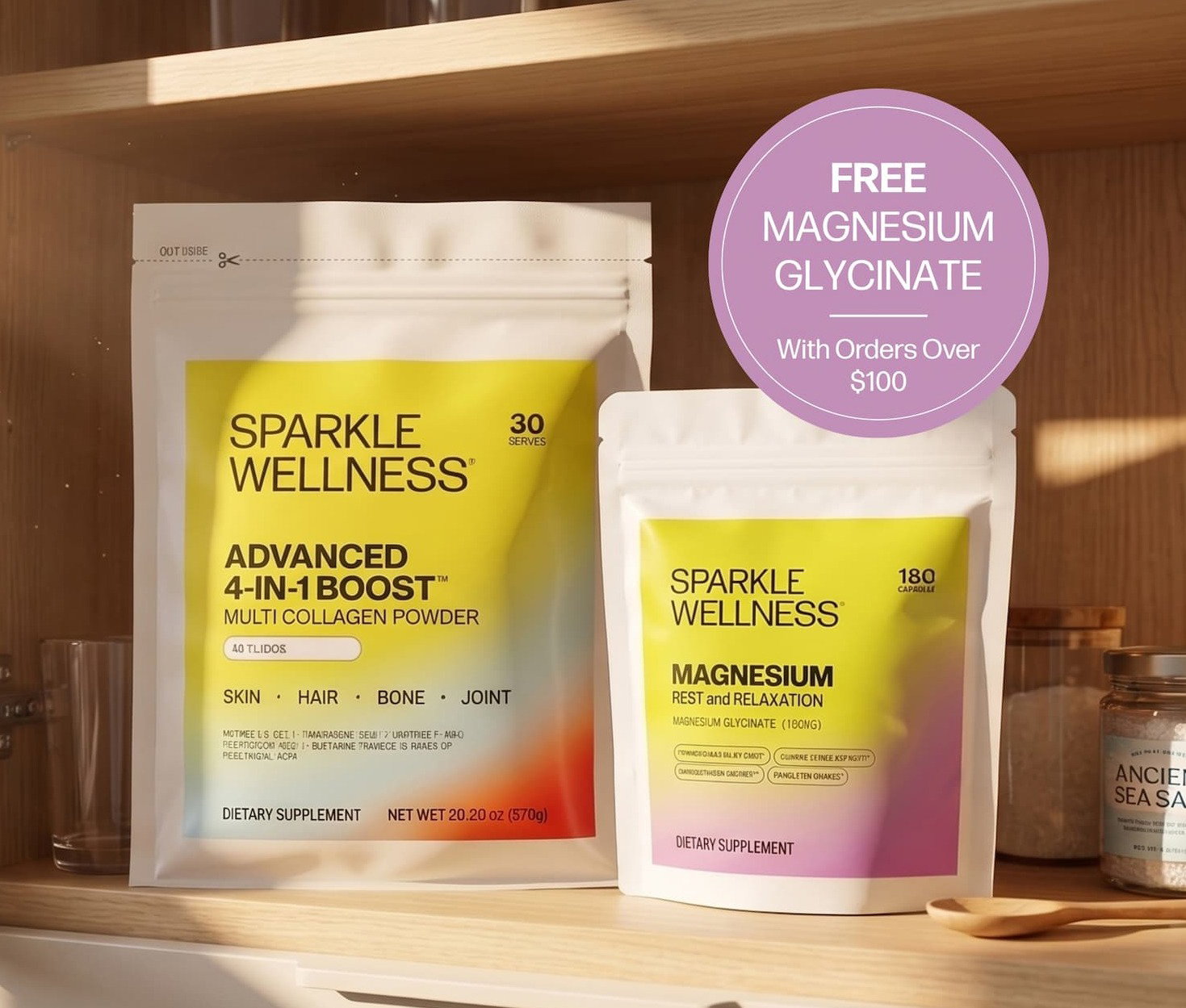 Sparkle Wellness Advanced 4-in-1 Boost multi-collagen. FREE Magnesium Glycinate with any $100+ purchase. Shop now.
