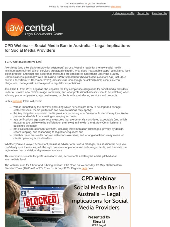 CPD Webinar – Social Media Ban in Australia – Legal Implications for Social Media Providers