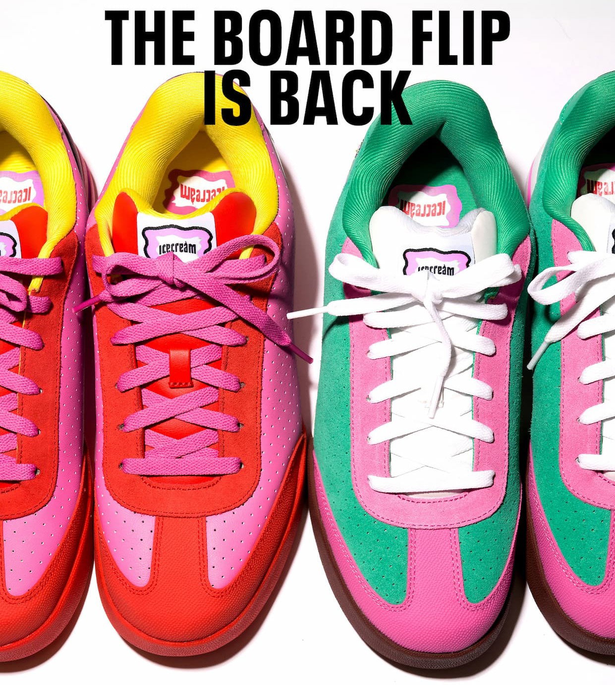 Two pairs of Reebok Board Flip sneakers in pink, red, and green colourways. Text reads: “THE BOARD FLIP IS BACK.”