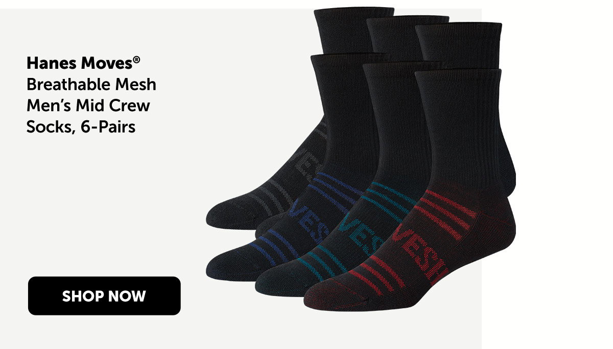 Hanes Moves Breathable Mesh Men’s Mid Crew Socks, 6-Pairs
