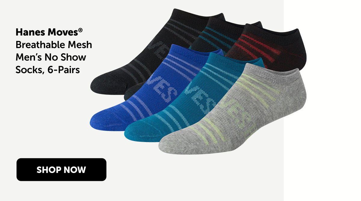 Hanes Moves Breathable Mesh Men’s No Show Socks, 6-Pairs