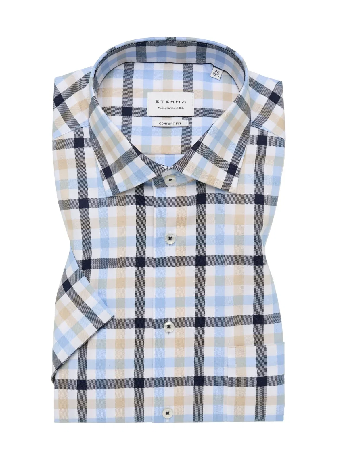 Short-sleeved cotton shirt with check pattern and chest pocket, Comfort Fit