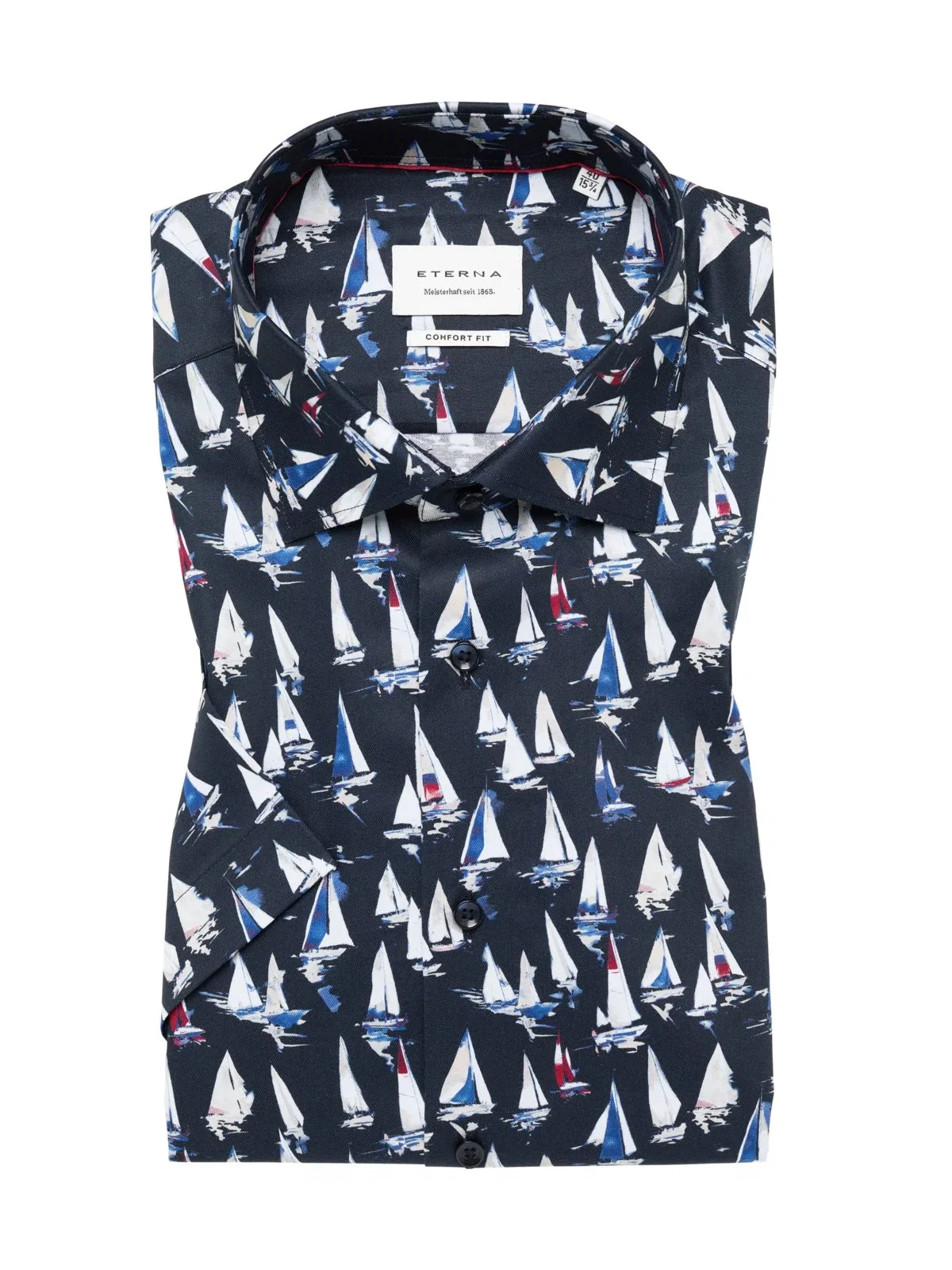 Short-sleeved cotton shirt with sailboat print, comfort fit