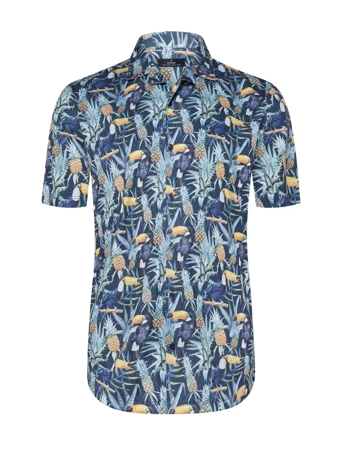 Short-sleeved shirt with toucan print and resort collar