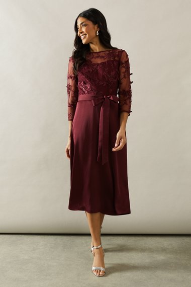 Occasion Satin And Mesh Overlay Fit And Flare Dress