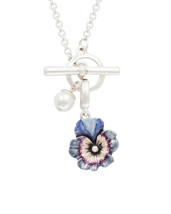 Image of Silver Pansy & Pearl Toggle Necklace
