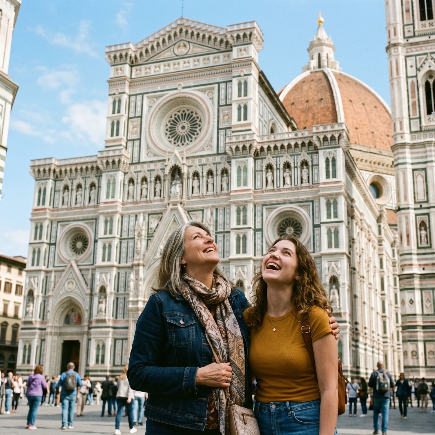 Mutter und Tochter stehen lachend vor dem Florenz Dom Santa Maria del Fiore und blicken bewundernd an der Fassade hinauf.