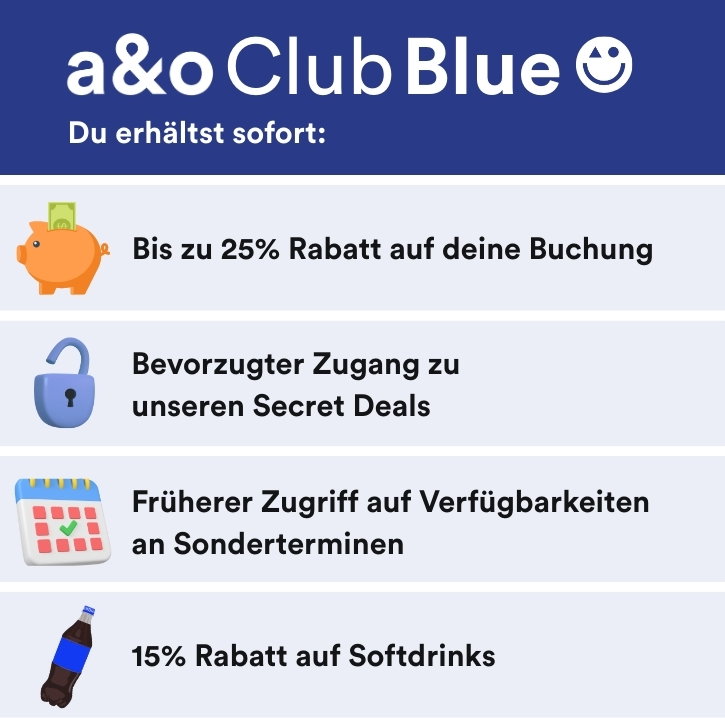 Grafik zu „a&o Club Blue“. Vorteile ab dem ersten Tag: bis zu 25 % Rabatt auf Buchungen, Zugang zu Secret Deals, früher Zugriff auf Sondertermine und 15 % Rabatt auf Softdrinks.
