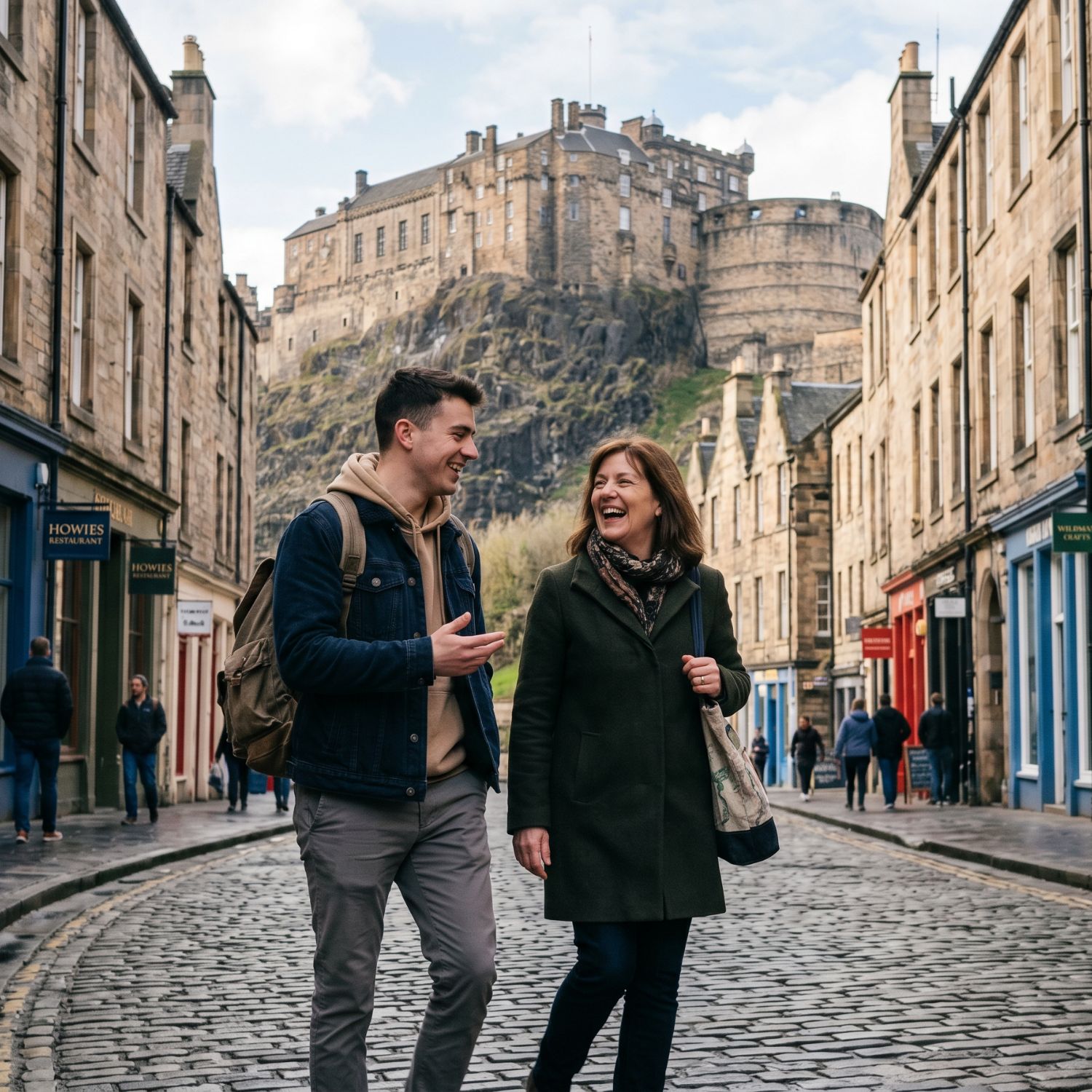 Mutter und erwachsener Sohn laufen lachend durch eine Kopfsteinpflasterstraße in Edinburgh, Edinburgh Castle im Hintergrund auf dem Felsen.