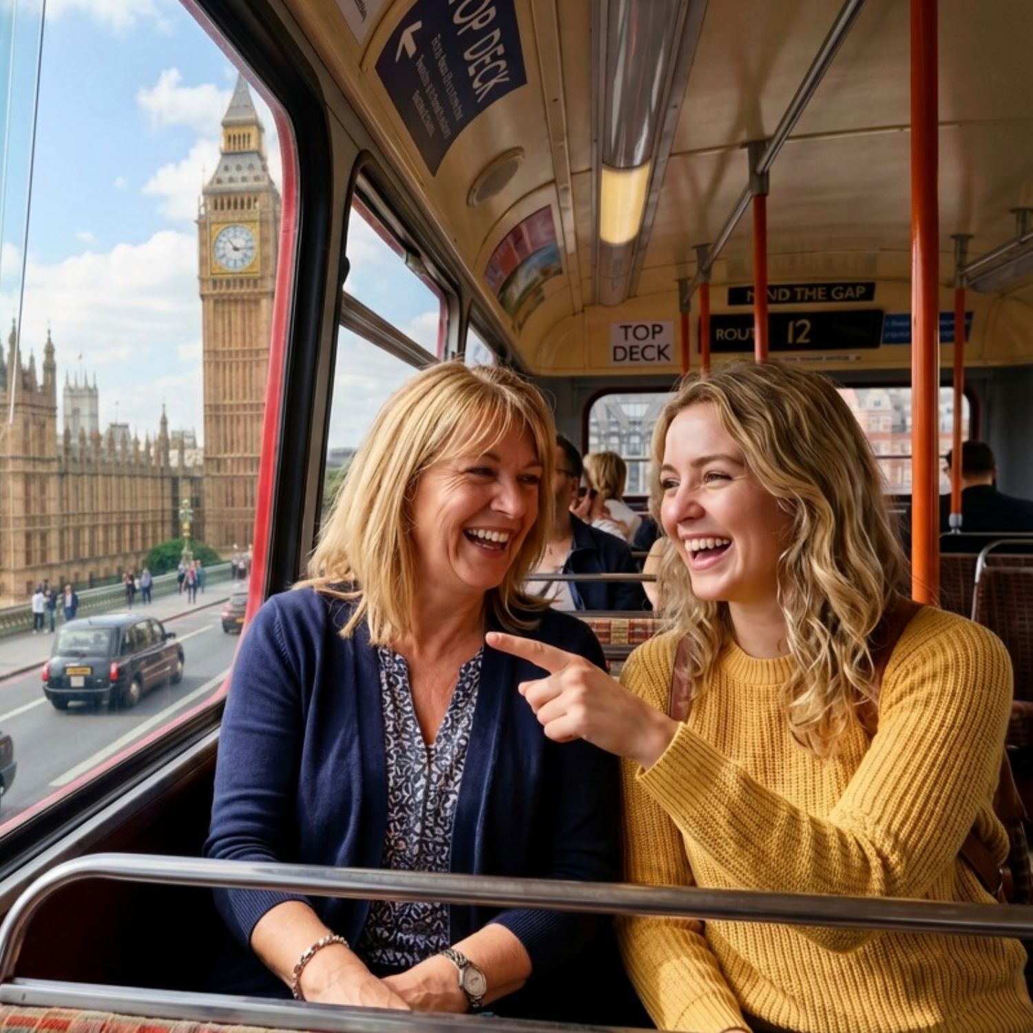 Mutter und Tochter sitzen lachend im Oberdeck eines roten Londoner Doppeldeckerbusses, Big Ben im Hintergrund.