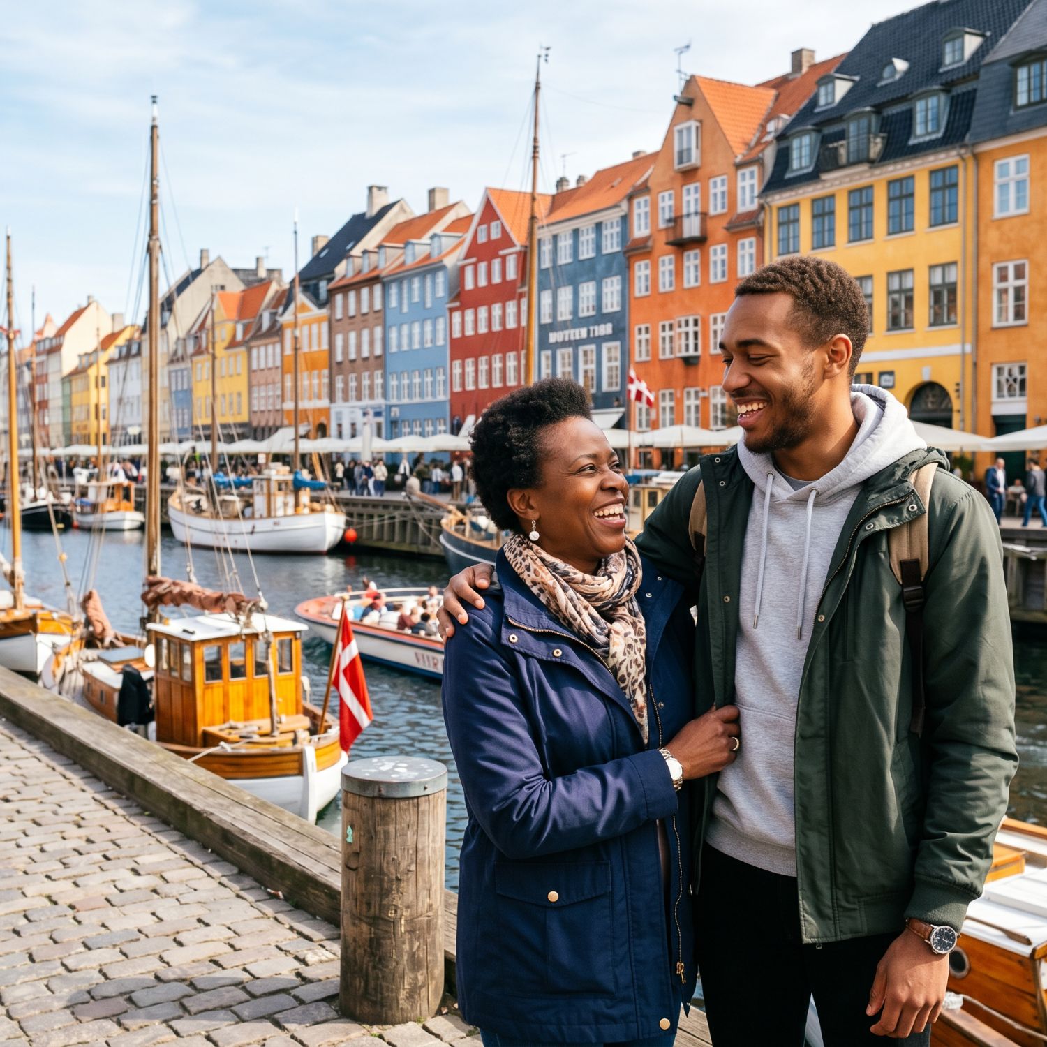 Mutter und erwachsener Sohn stehen Arm in Arm am Nyhavn-Kanal in Kopenhagen, bunte historische Häuserfassaden im Hintergrund.