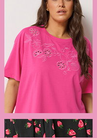YOURS roze T-shirt met geborduurd fruit