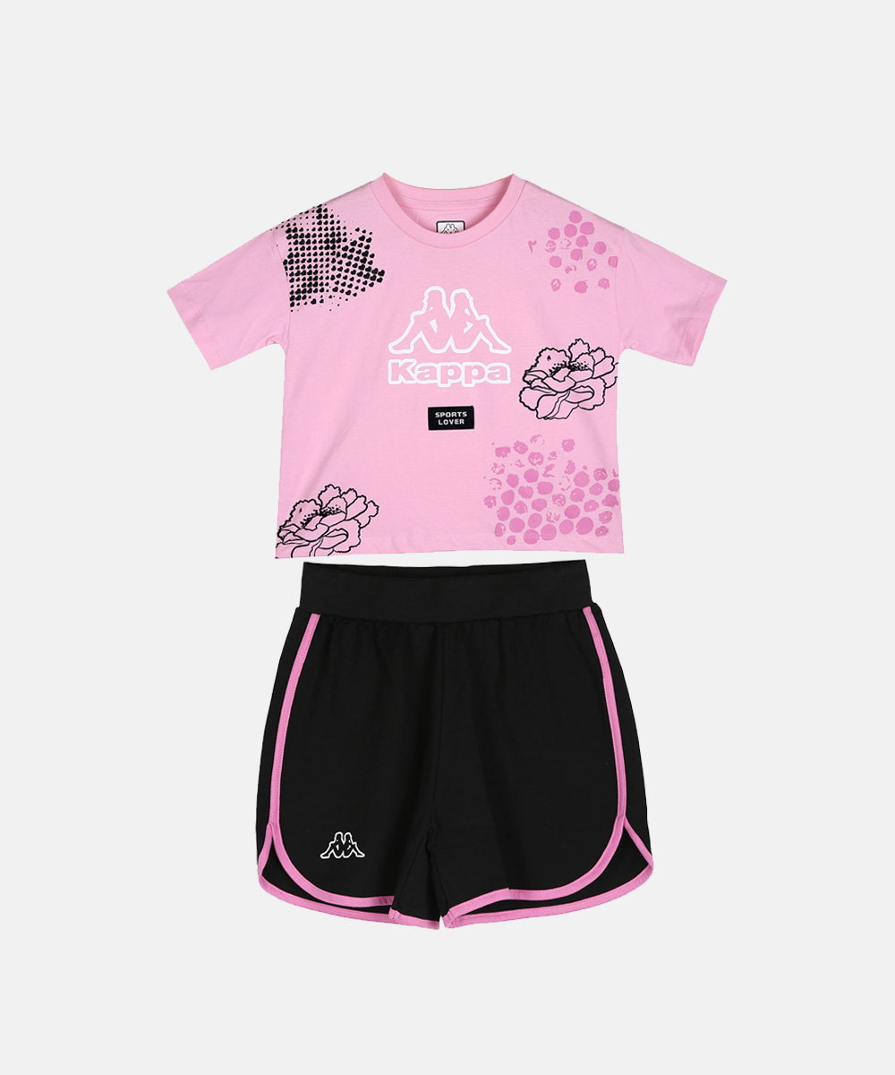 Girls' Kappa two-piece set — pink floral logo T-shirt with graphic prints and black athletic shorts with pink trim