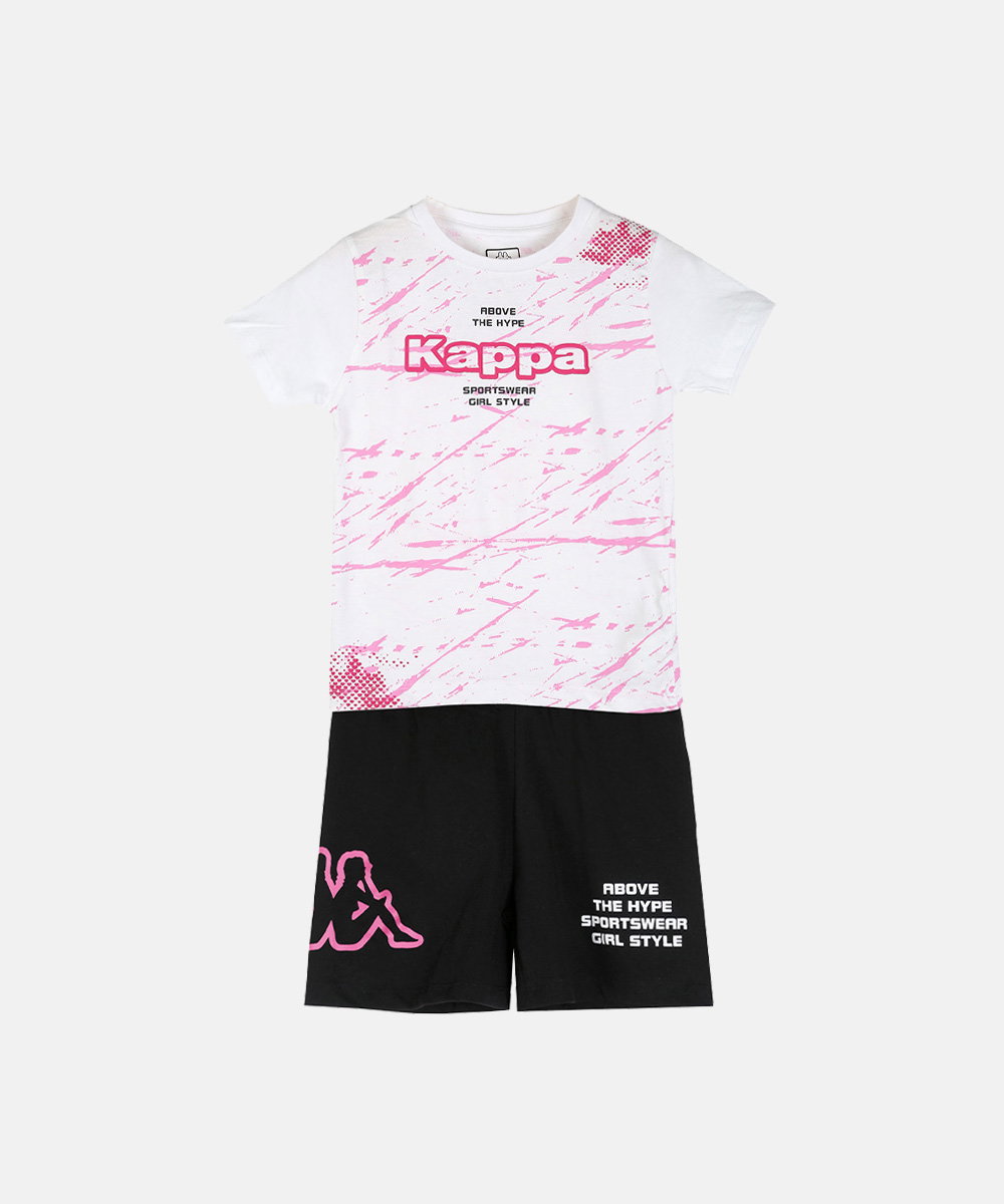 Children's Kappa sports set: white T-shirt with pink print and Kappa logo; black shorts with pink logo and white text