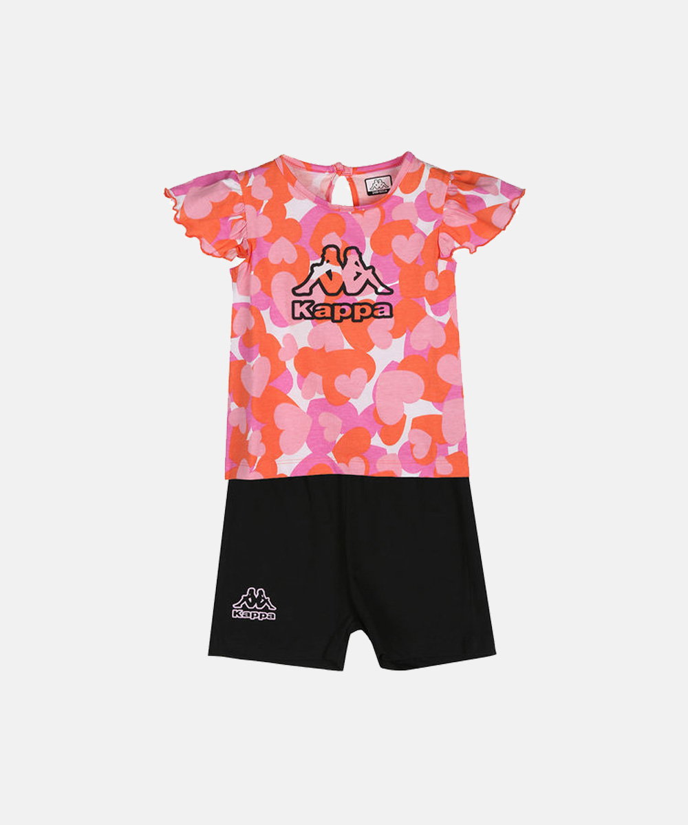 Girls' Kappa playsuit with pink and orange heart print top, ruffle short sleeves and black shorts — kids' casual romper