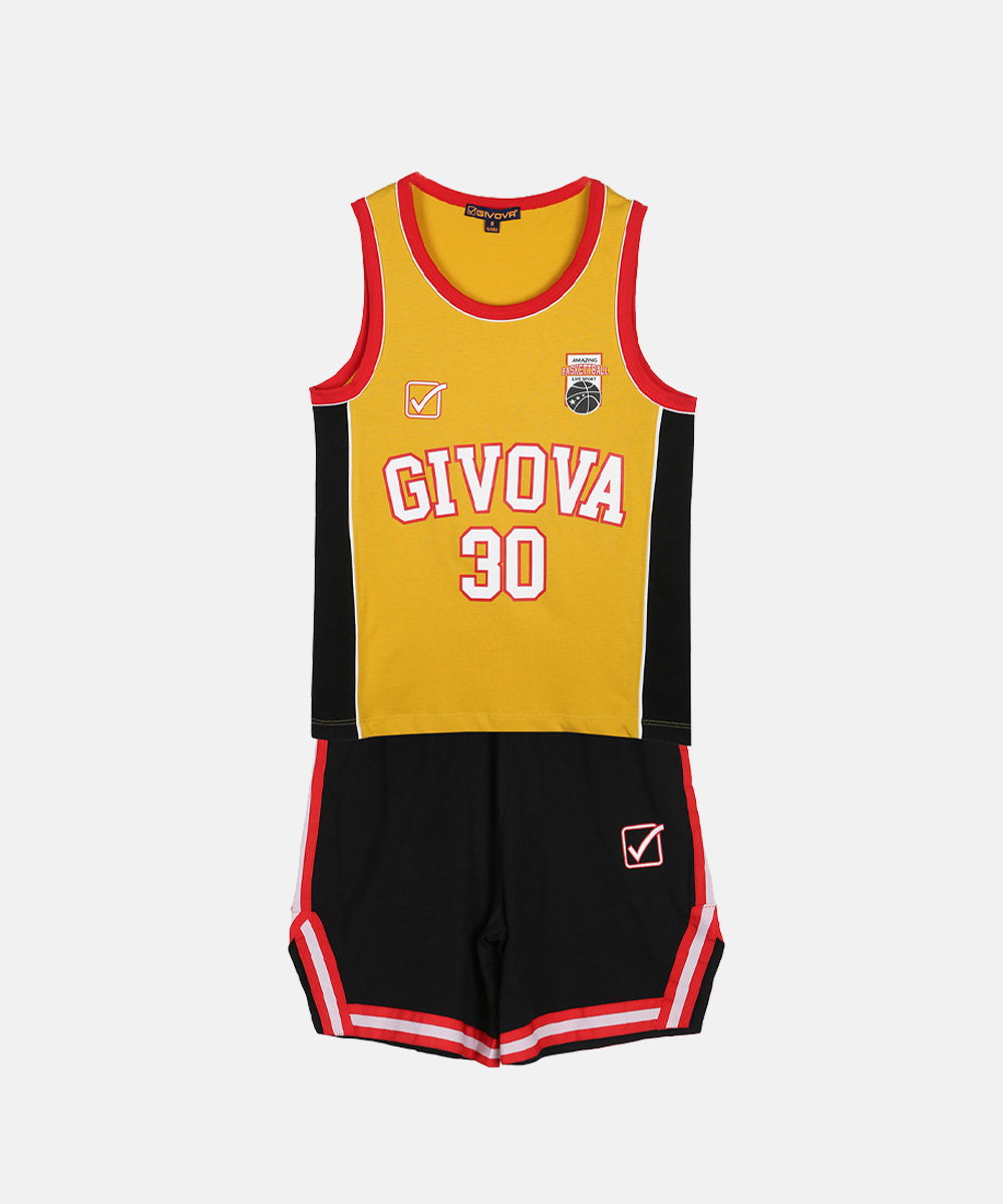 Yellow and black GIVOVA basketball jersey and matching black shorts with red trim, number 30 on front and brand logos