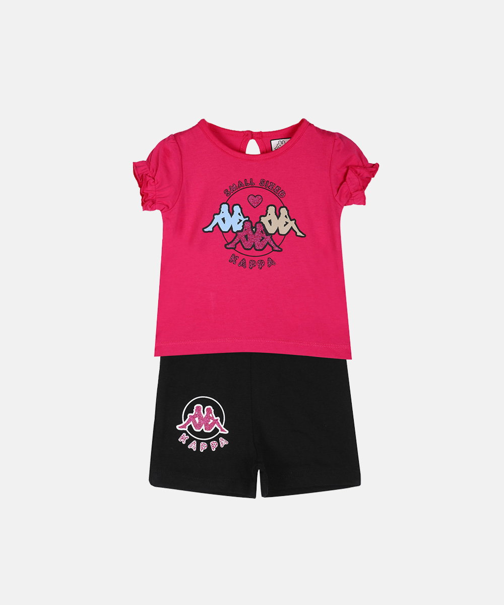 Girls' two-piece set: bright pink ruffle-sleeve T-shirt with Kappa logo and black logo shorts on white background