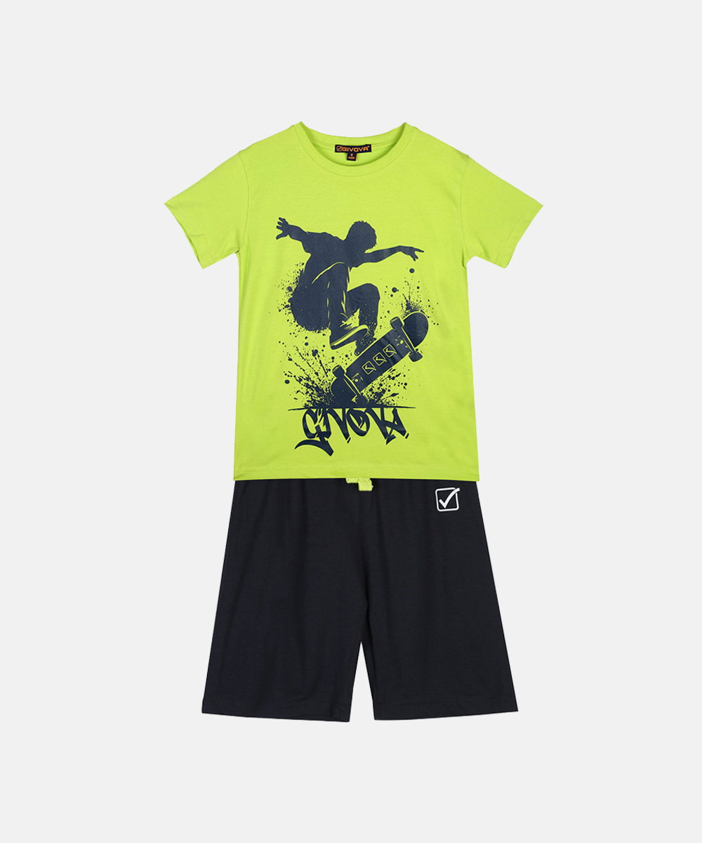 Children's two-piece set: lime green short-sleeve T-shirt with navy skateboarder graphic and black knee-length shorts