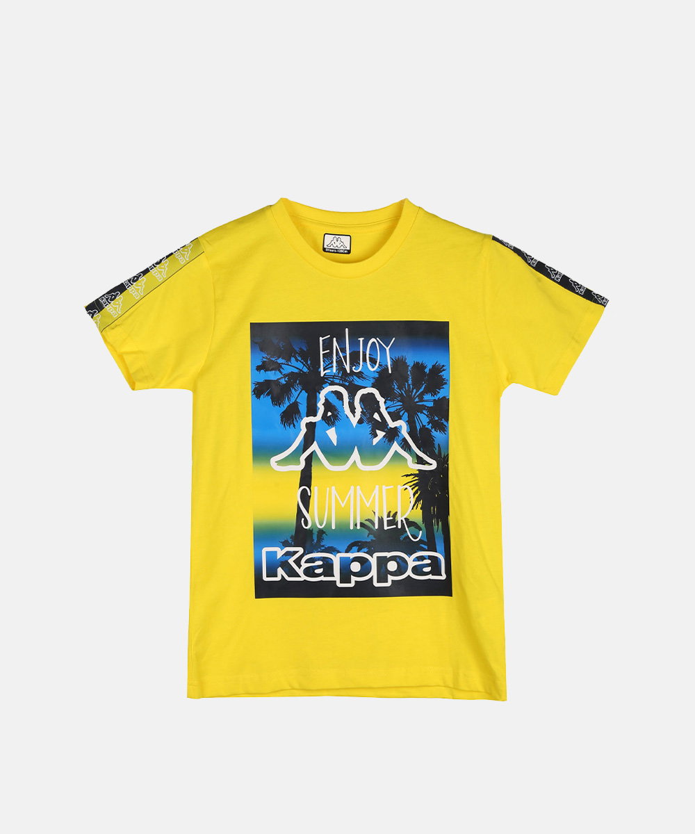 Yellow Kappa T-shirt with blue palm-tree 'Enjoy Summer' graphic and Kappa logo on the chest
