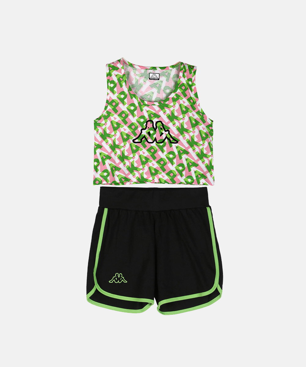 Kappa two-piece active set – pink and green logo print crop tank with black shorts featuring neon green trim
