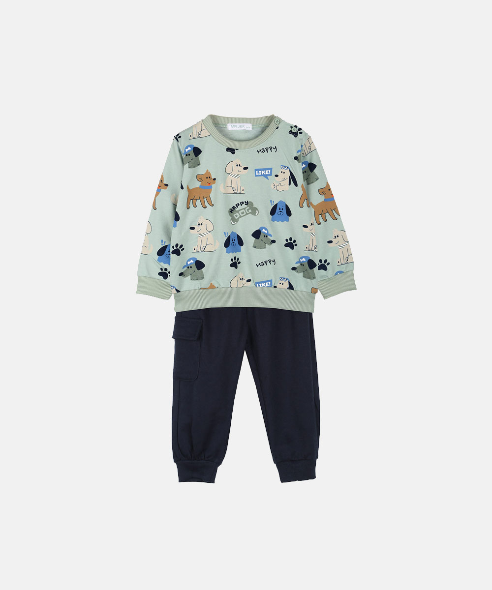 Children's two-piece set: mint-green dog-print sweatshirt with navy cargo joggers