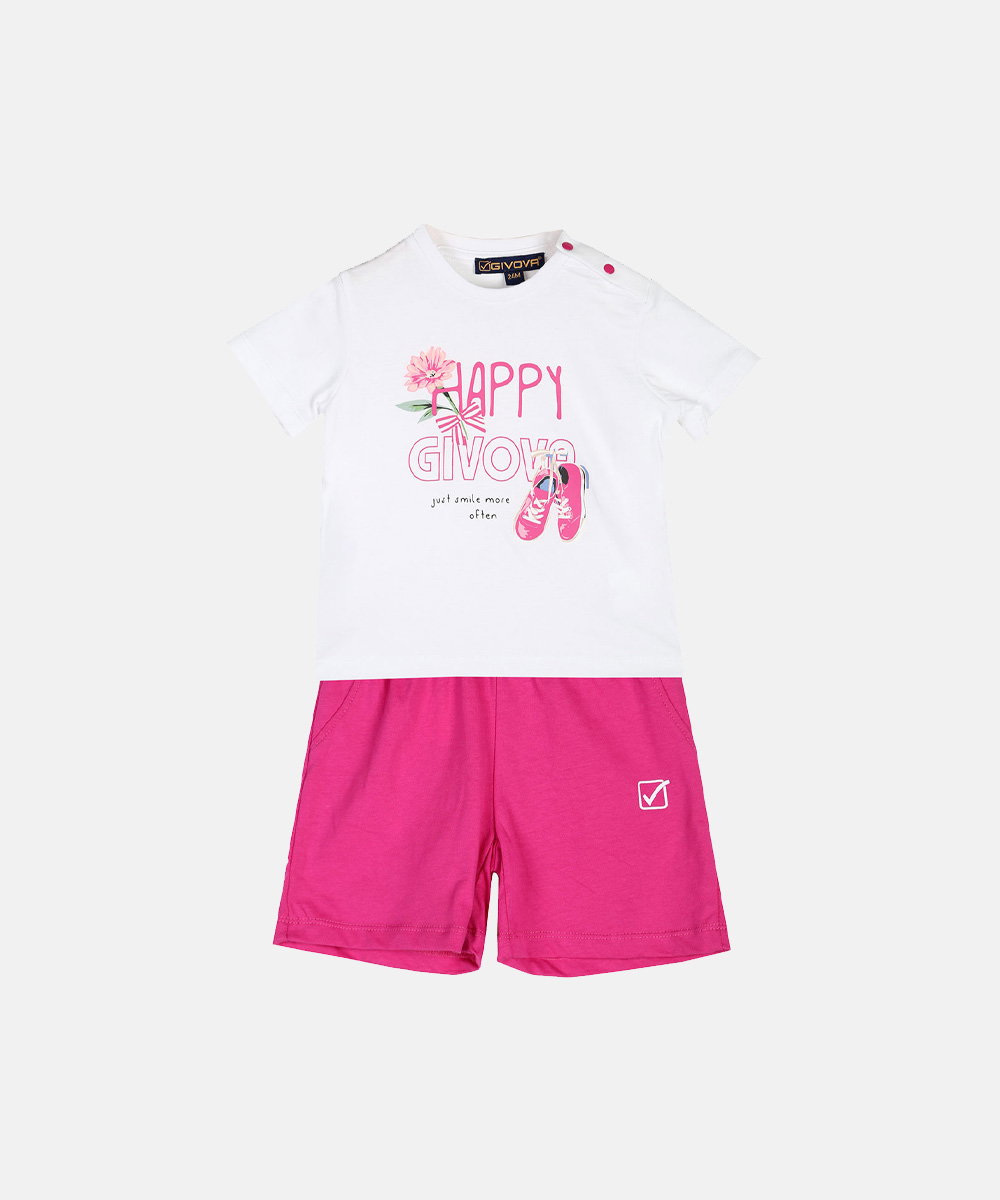Girls' two-piece summer outfit: white short-sleeve T-shirt with pink floral and shoe print and hot-pink elastic-waist shorts