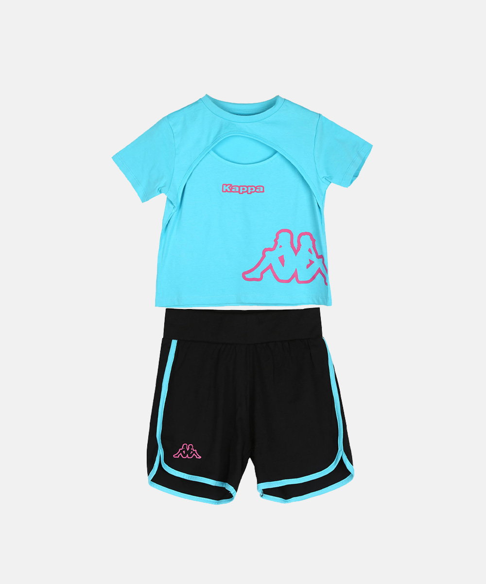 Kids' two-piece Kappa set: turquoise cropped T-shirt with chest cut-out and pink logo; black shorts with turquoise trim