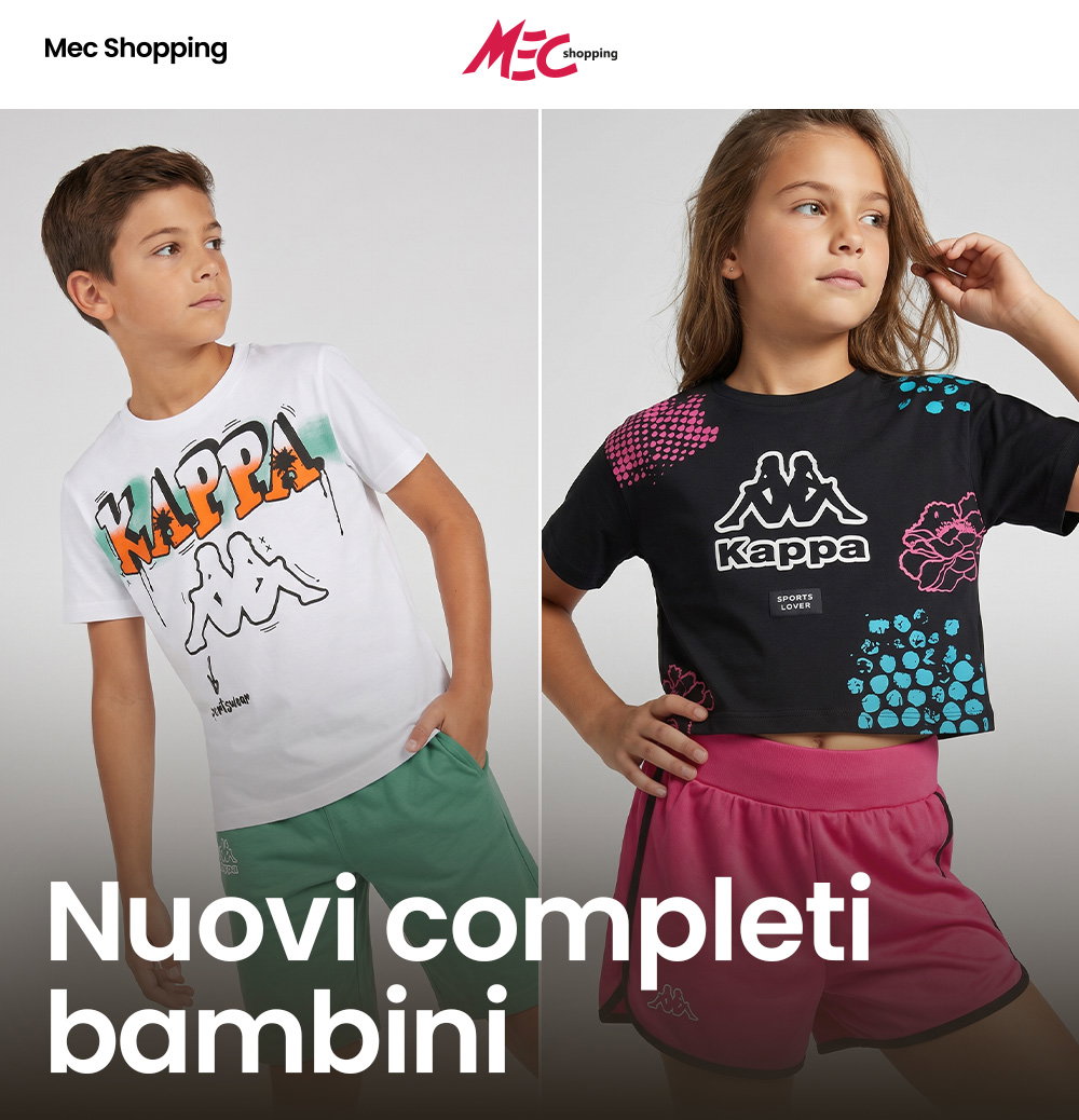 Two children modelling Kappa kids sportswear — boy in white Kappa t-shirt and green shorts, girl in black cropped Kappa tee and pink shorts
