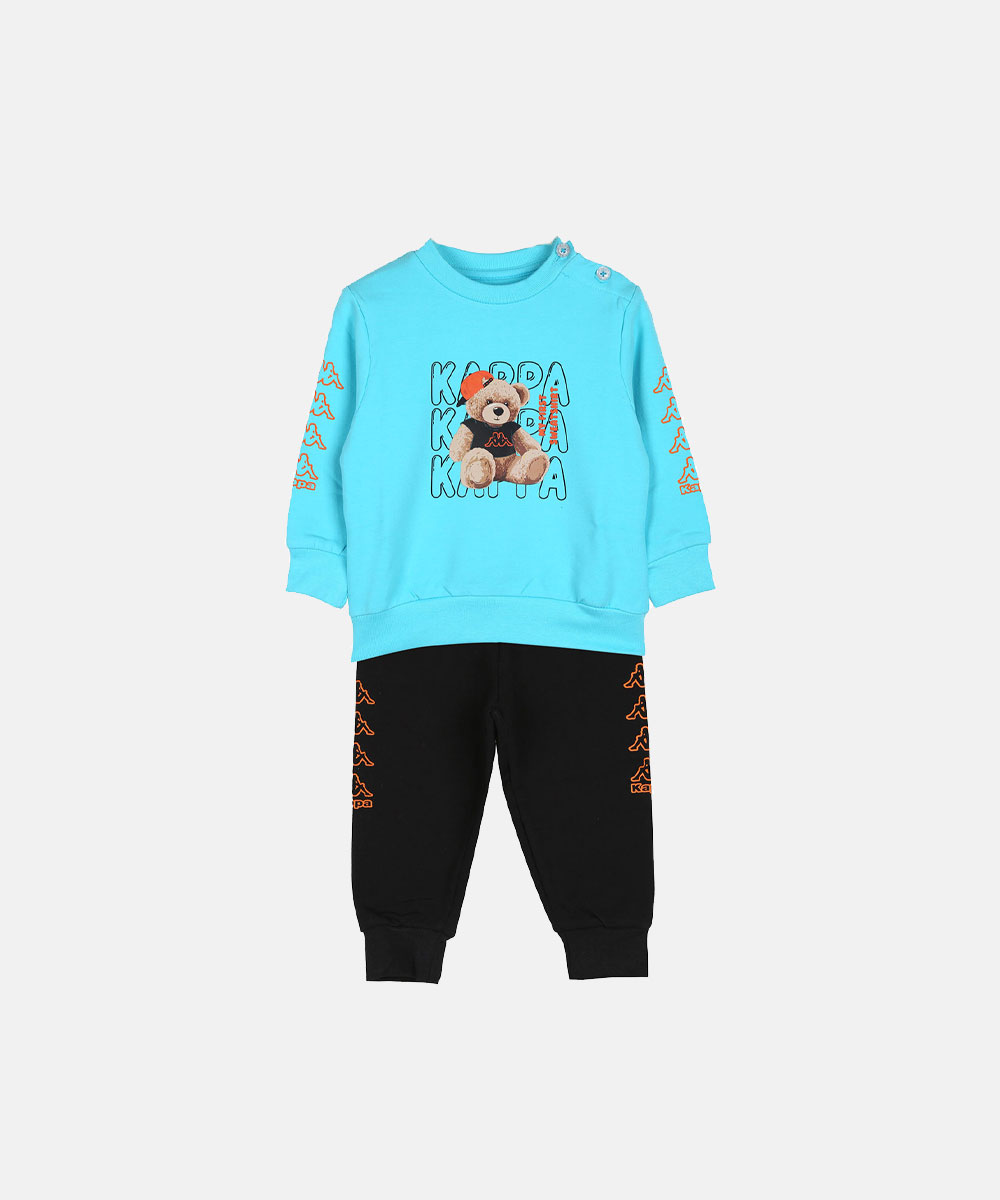 Toddler two-piece: turquoise sweatshirt with teddy graphic and orange sleeve logos; black joggers with matching logo stripes.