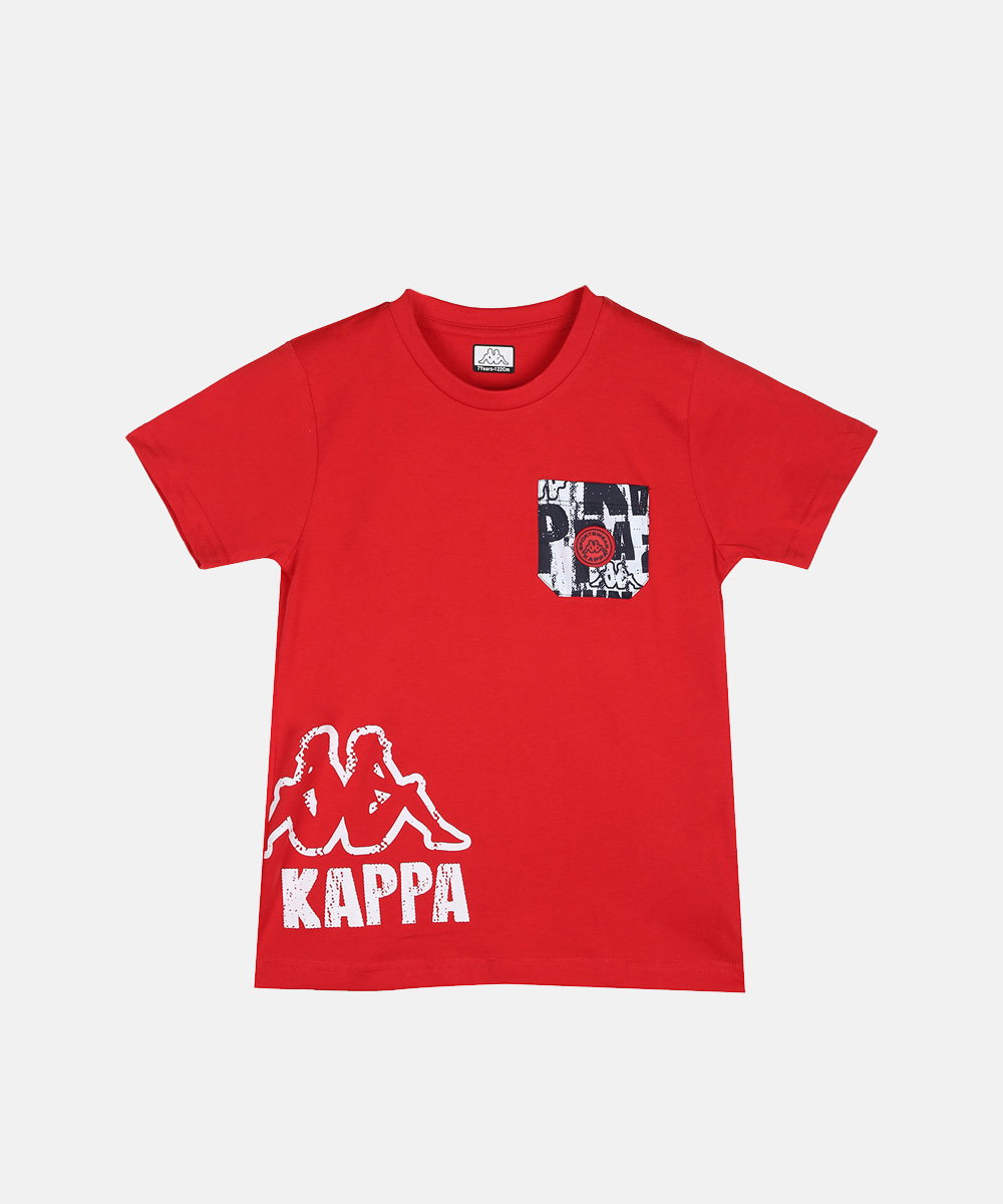 Red Kappa short-sleeve crew-neck T-shirt with black-and-white printed chest pocket and large white Kappa logo at lower left
