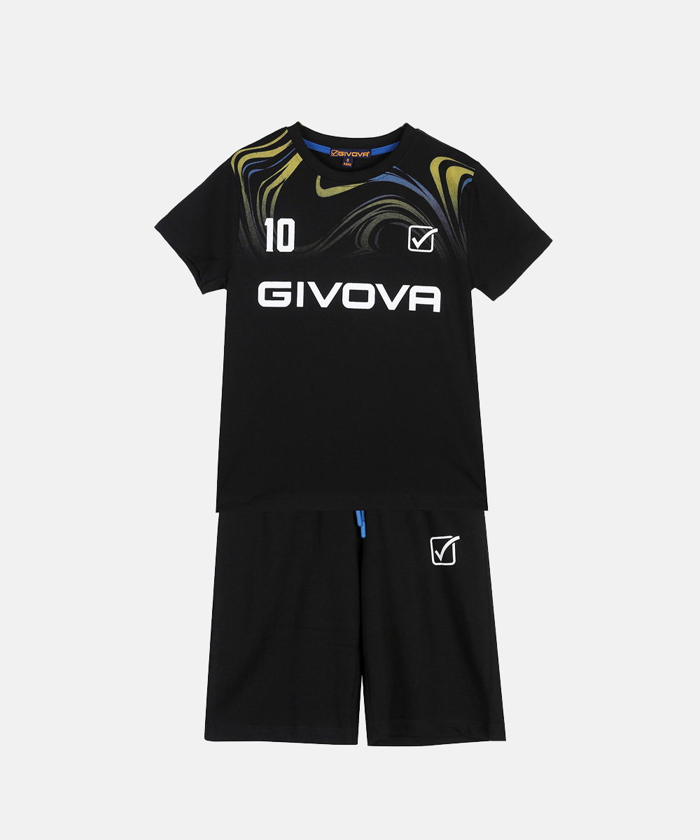 Black GIVOVA sports set: short-sleeve top with yellow-blue swirl design, number 10 and matching shorts