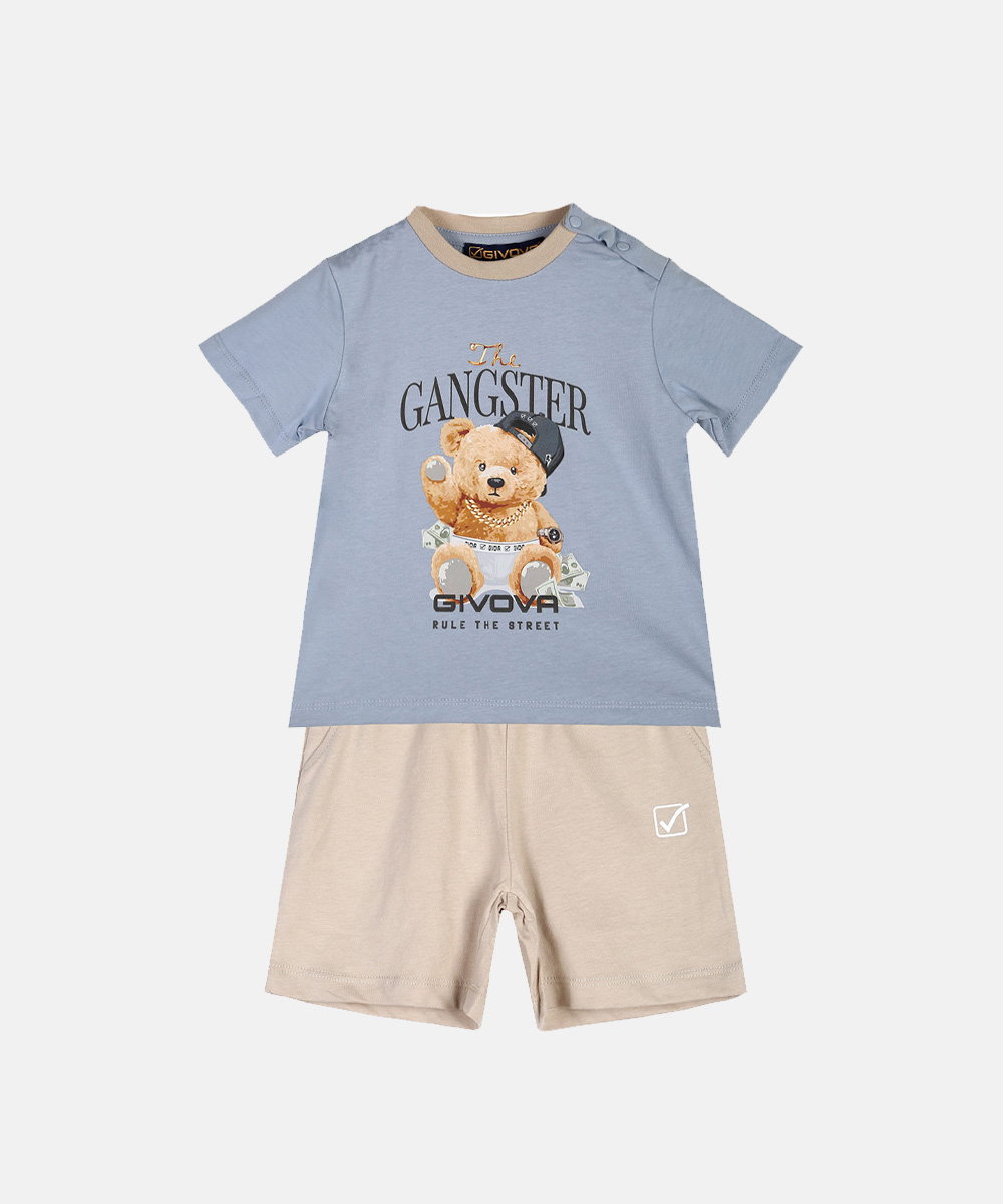 Children's two-piece set: light blue T-shirt with 'Gangster' teddy bear print and beige shorts