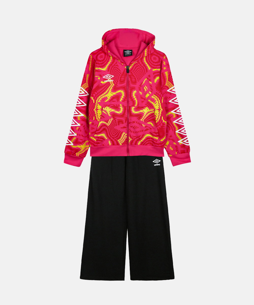 Kids' pink and yellow patterned zip hoodie with hood and Umbro logo paired with black wide-leg tracksuit trousers