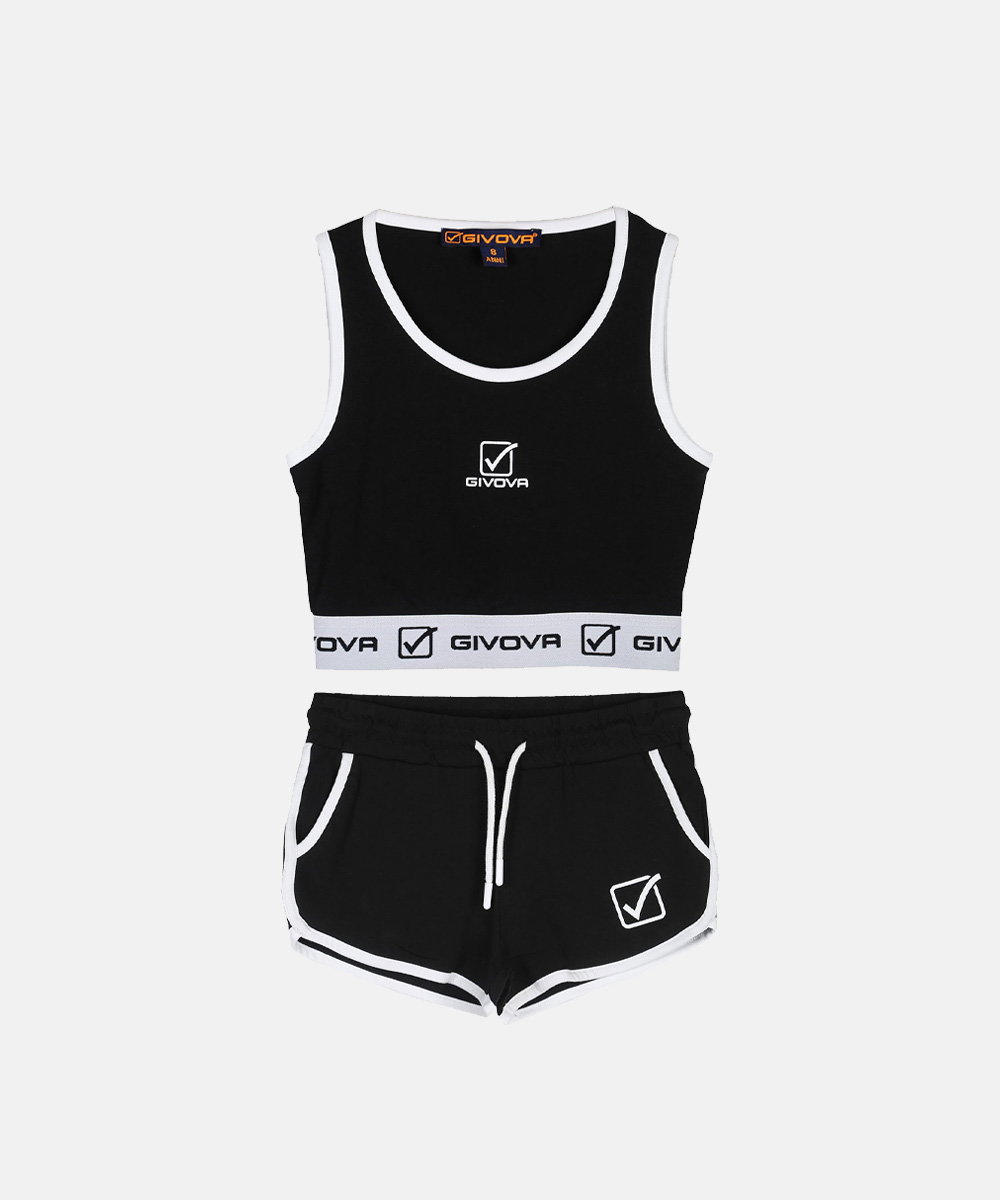 Black Givova women's crop tank and drawstring shorts set with white trim and branded elastic band