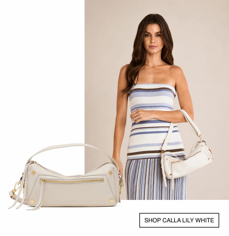 CTA: Shop Calla lily white. Show model with Doxie in white brushed gold. 