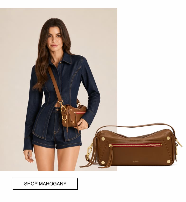CTA: Shop Mahogany. Model shown with doxie in mahogany brushed gold red zip. 