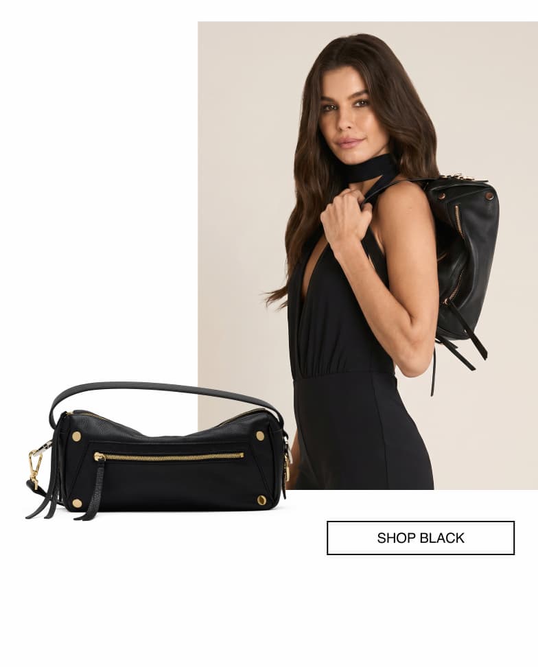 CTA: Shop Black. Model with doxie in black brushed gold. 