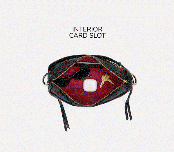 Soft pebble leather, detachable shoulder strap, interior card slot, secure phone pocket. 