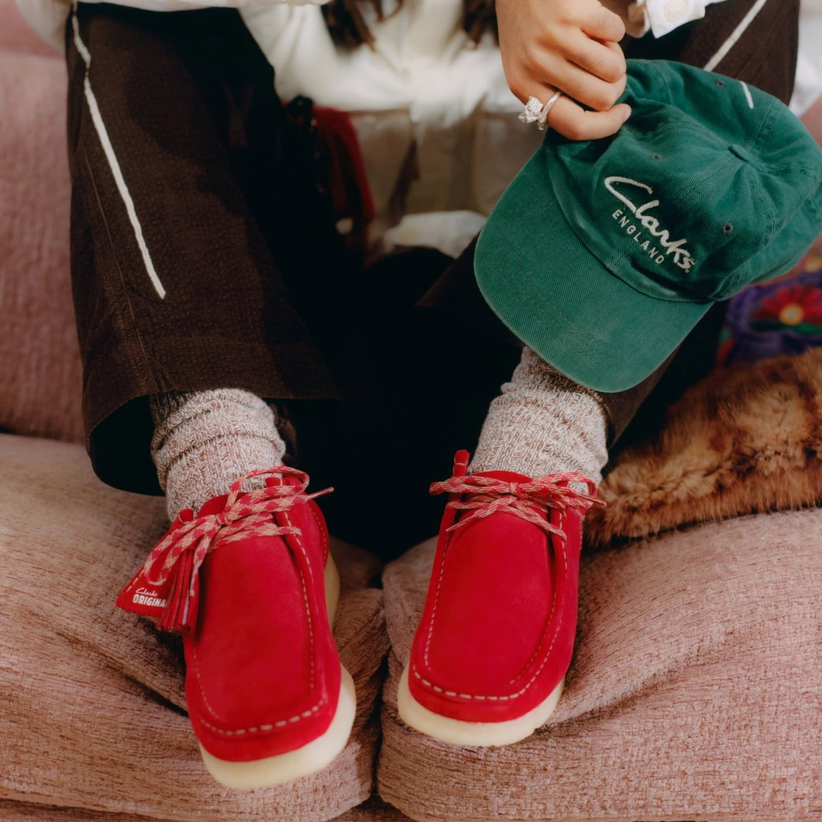 Model wearing Clarks Originals shoes