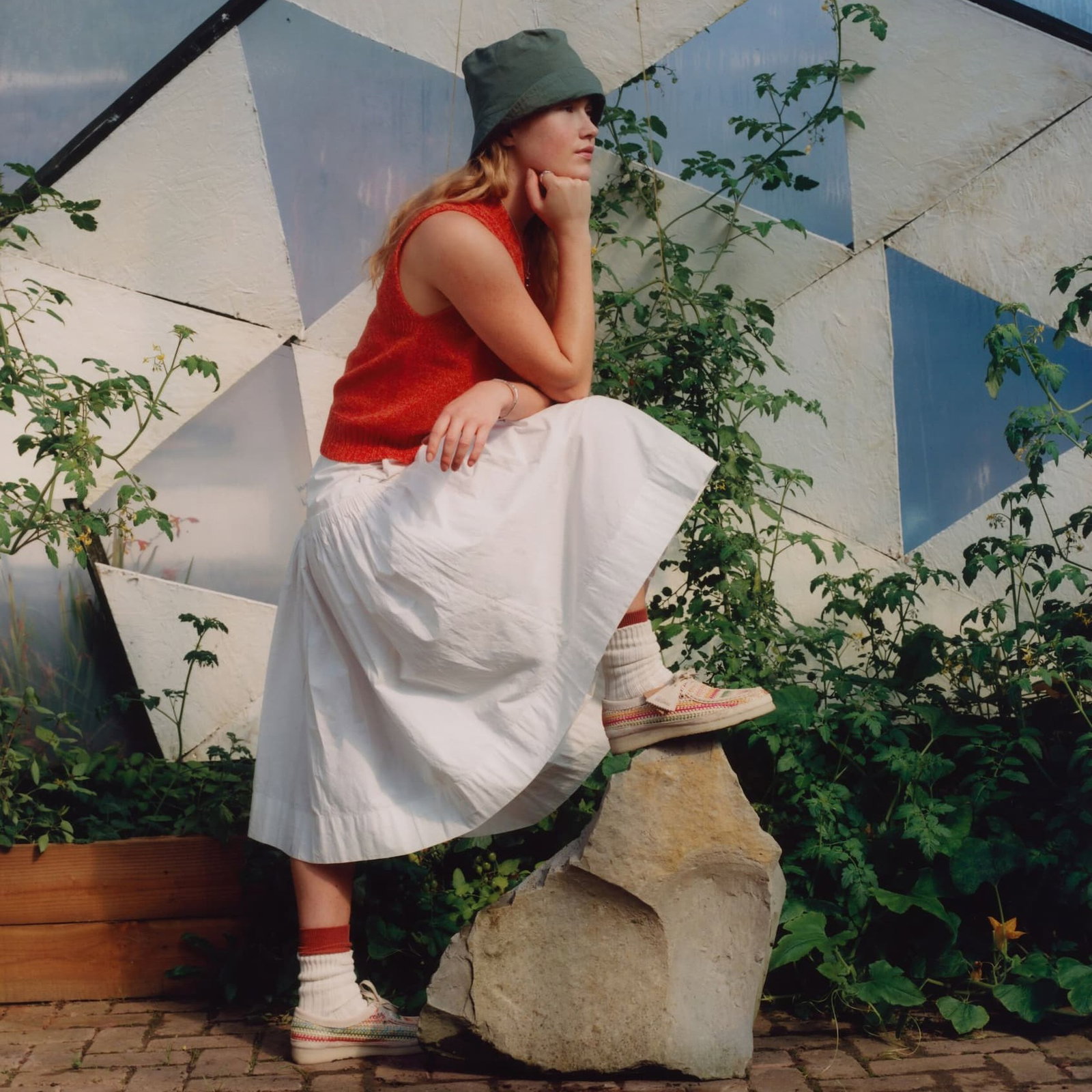 Model wearing Clarks Originals shoes