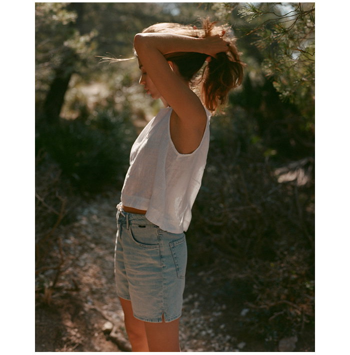 Model in Linen Denim Shorts
