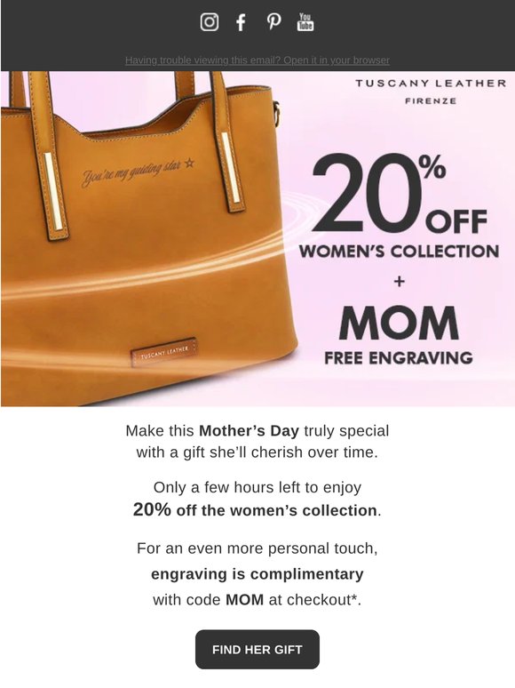 Last chance! 20% off the women’s collection and complimentary personalization