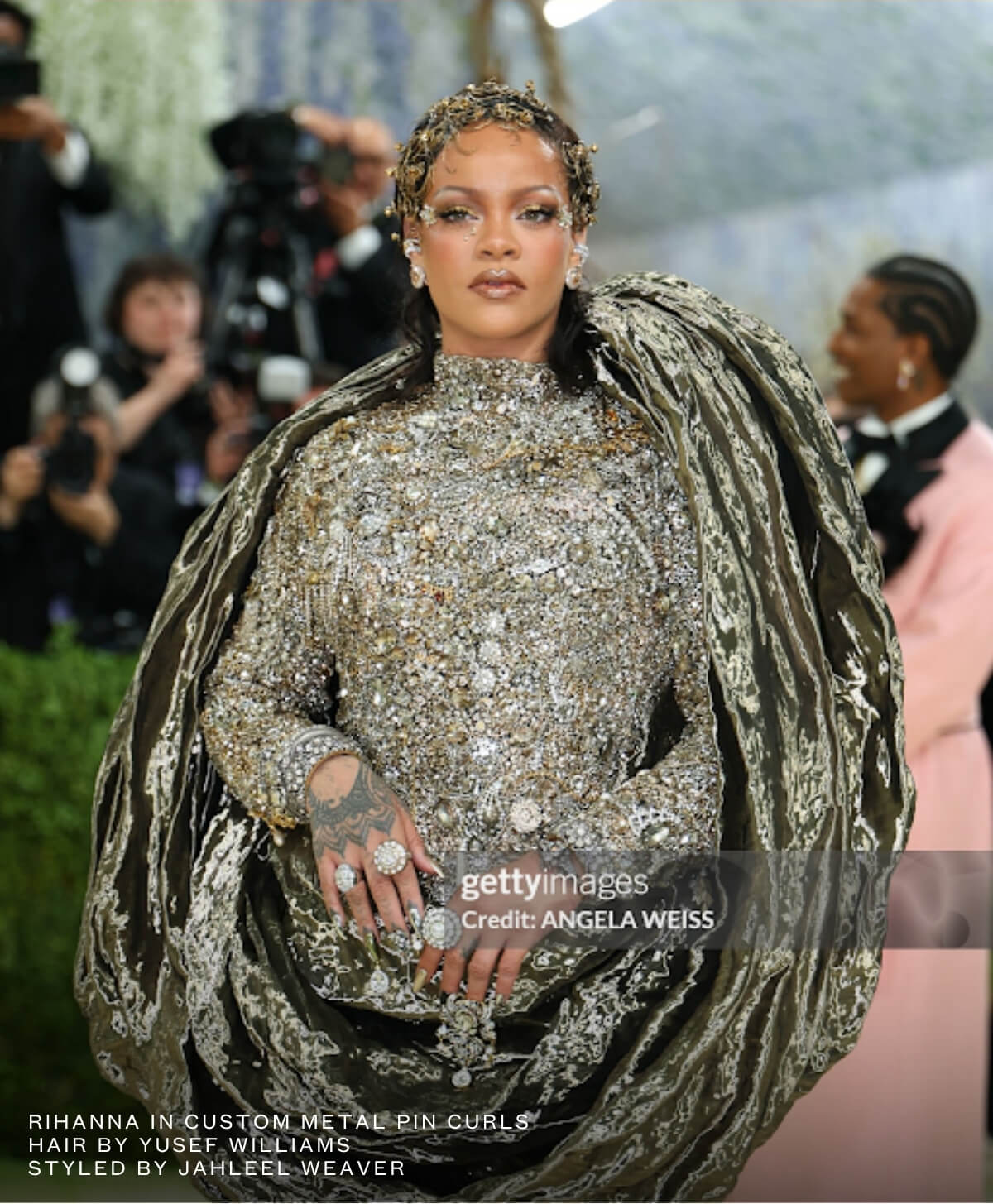 Rihanna in custom metal pin curls hair by Yusef Williams styled by Jahleel Weaver