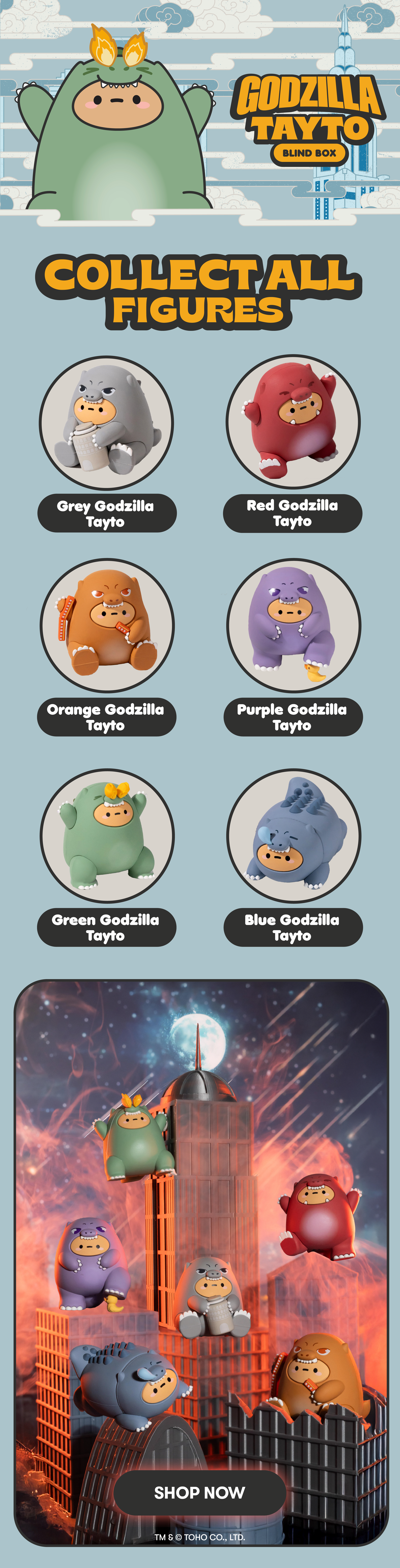 Image features Godzilla Tayto Blind Box with six variations of the blind box figure of Tayto dressed up as Godzilla