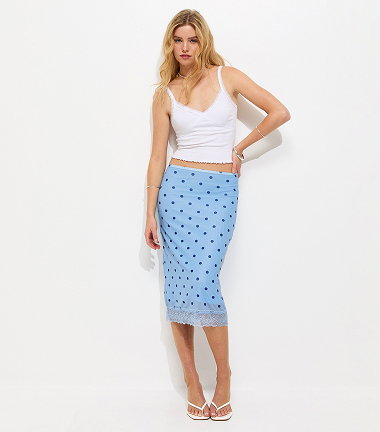 Light Blue Polka Dot Lace Trim Mesh Midi Skirt