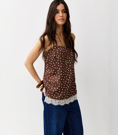 Brown Satin Polka Dot Lace Hem Cami Top