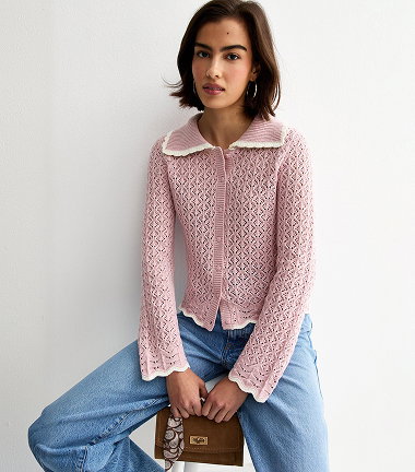 Lilac Cotton Rich Crochet-Look Knit Scalloped Collar Cardigan