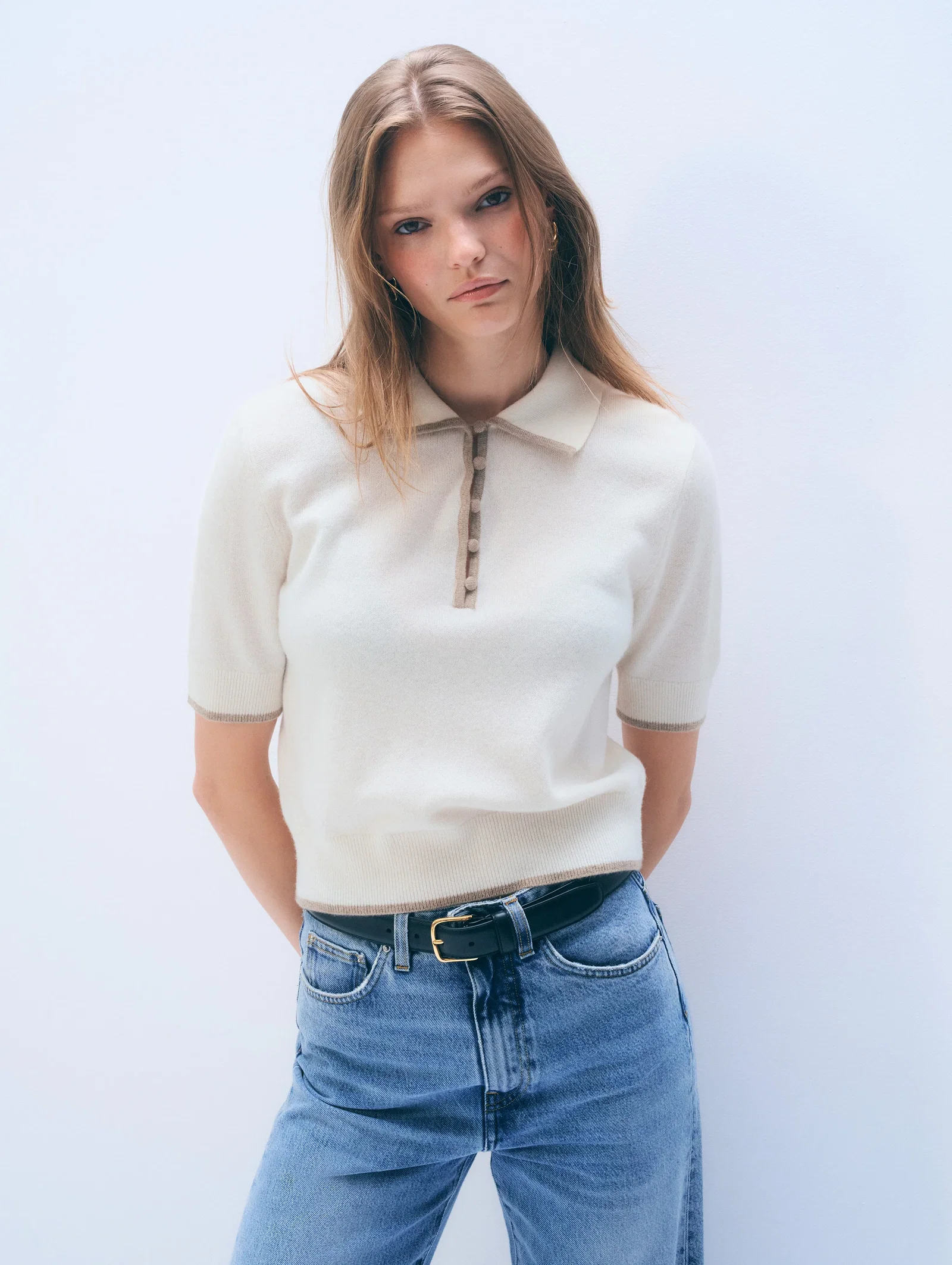Image of Cashmere Button Polo | Soft White/Taupe